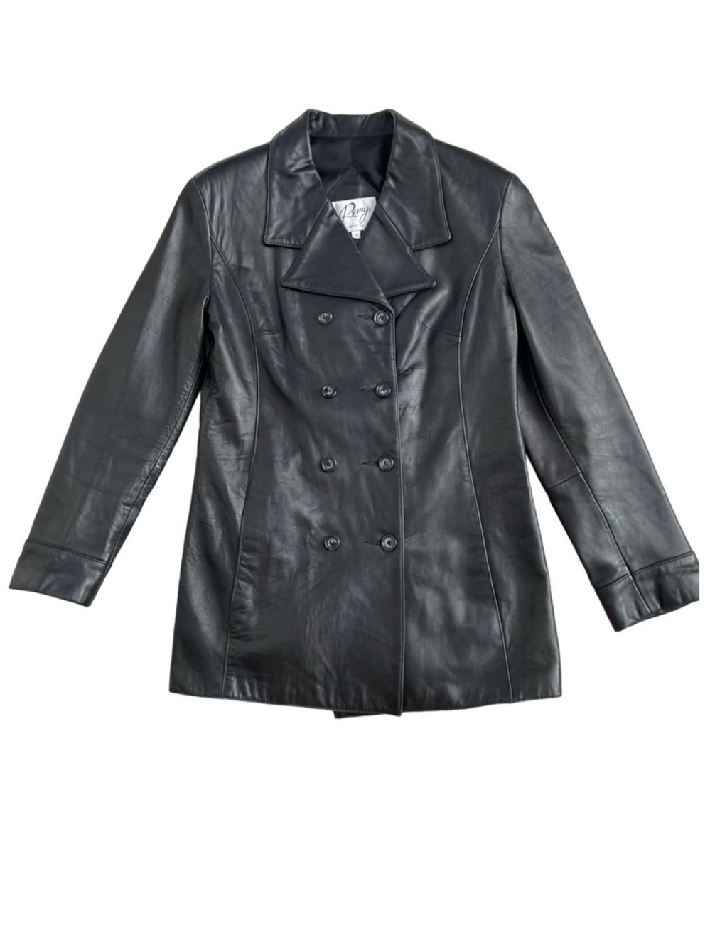 Vintage 90s Women’s Remy Black Leather Double Breasted Leather Car Coat